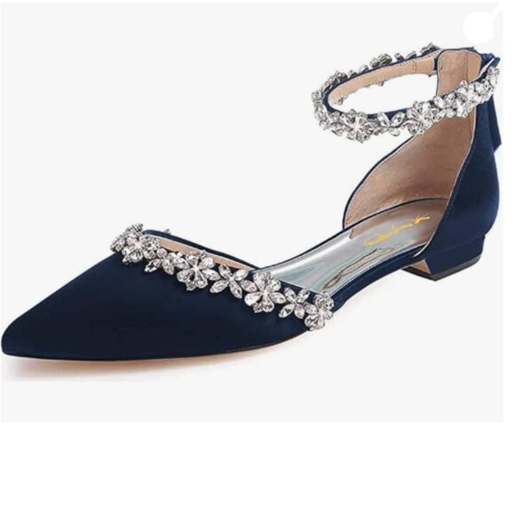 XYD Navy Pointed Toe Sparkly Rhinestones Ankle Strap D'Orsay Wedding Sandals - Picture 1 of 8